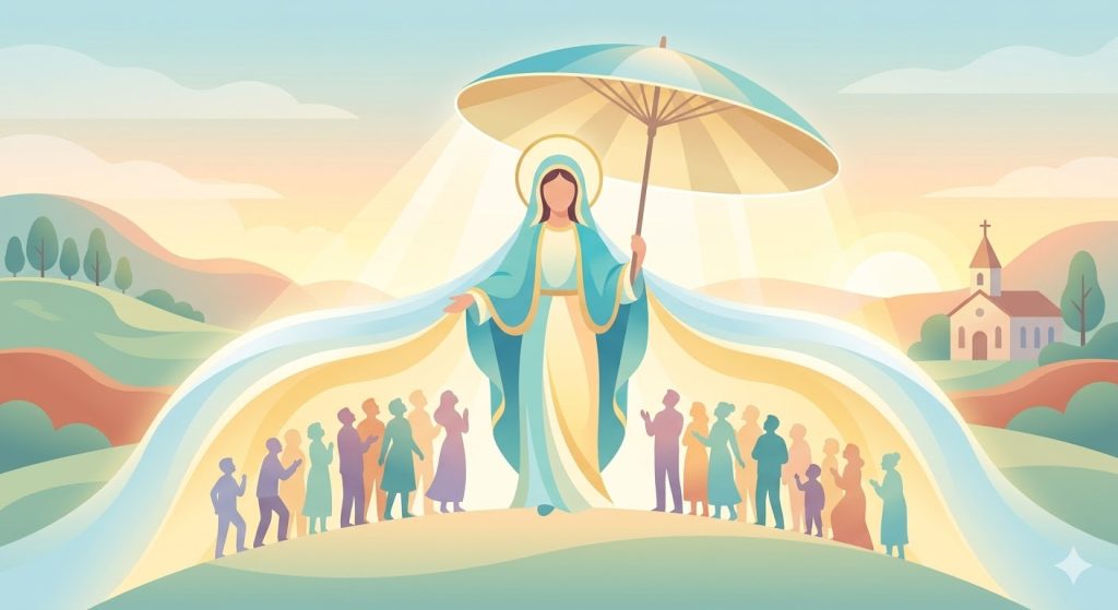 Vierge au Parasol Refuge des Pécheurs - la Vierge Marie abritant des silhouettes sous un grand parasol ou manteau de lumière